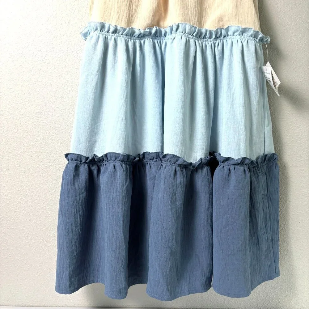 One One Six Dress Size S Blue Cream Tiered Open Back Tie Neck Boho Cottage - Picture 3 of 12